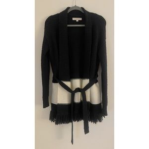 Loft Wool Blend Fringe Hem Open Cardigan Belted Size Small